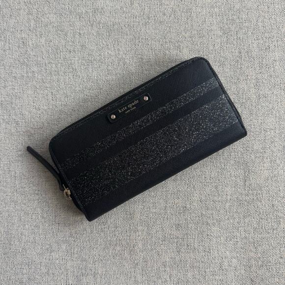 Kate Spade New York Haven Lane Neda Zip Around Wallet in Black w/ silver stripes - Picture 1 of 9